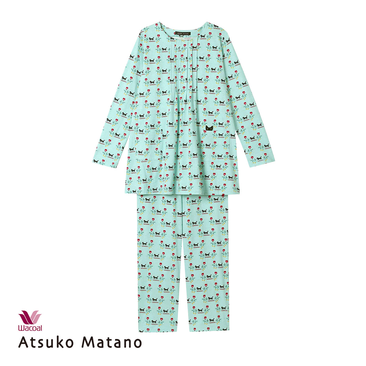 ワコール Wacoal マタノアツコ ATSUKO MATANO くろねこと花 長袖 パジャマ 上下セット ルームウェア 綿100％ レディース(GR-グリーン-M)