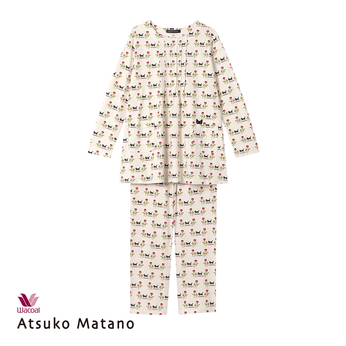 ワコール Wacoal マタノアツコ ATSUKO MATANO くろねこと花 長袖 パジャマ 上下セット ルームウェア 綿100％ レディース(IV-アイボリー-M)