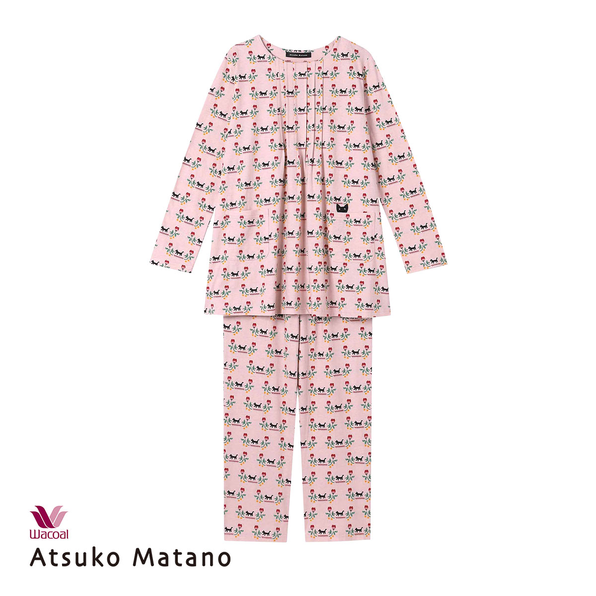 ワコール Wacoal マタノアツコ ATSUKO MATANO くろねこと花 長袖 パジャマ 上下セット ルームウェア 綿100％ レディース(PI-ピンク-M)