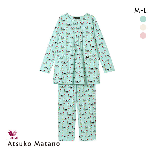 ワコール Wacoal マタノアツコ ATSUKO MATANO くろねこと花 長袖 パジャマ 上下セット ルームウェア 綿100％ レディース