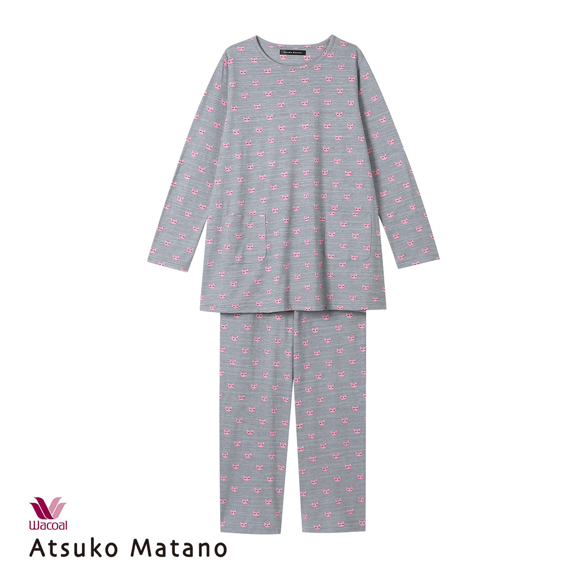 ワコール Wacoal マタノアツコ ATSUKO MATANO ねこ 長袖 パジャマ 上下セット ルームウェア 綿100％ レディース(GY-グレー-M)