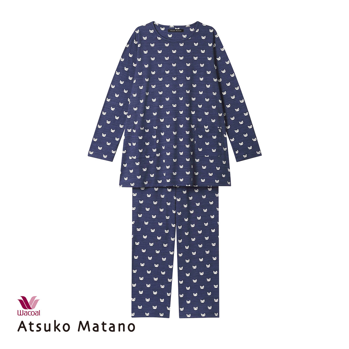 ワコール Wacoal マタノアツコ ATSUKO MATANO ねこ 長袖 パジャマ 上下セット ルームウェア 綿100％ レディース(NV-ネイビー-M)