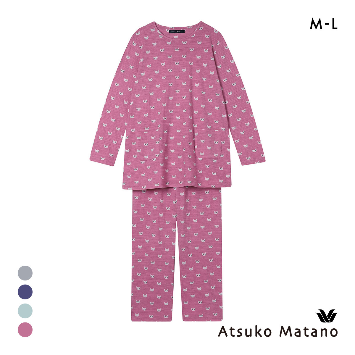 ワコール Wacoal マタノアツコ ATSUKO MATANO ねこ 長袖 パジャマ 上下セット ルームウェア 綿100％ レディース(PI-ピンク-M)