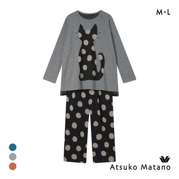 ワコール マタノアツコ 猫とドット 長袖 パジャマ 上下セット ルームウェア 綿100％ Wacoal ATSUKO MATANO