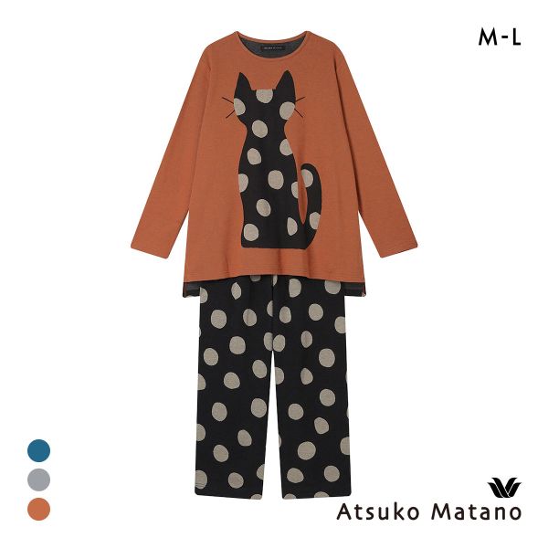 ワコール マタノアツコ 猫とドット 長袖 パジャマ 上下セット ルームウェア 綿100％ Wacoal ATSUKO MATANO