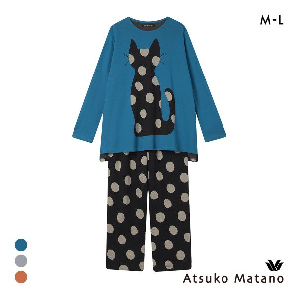 ワコール マタノアツコ 猫とドット 長袖 パジャマ 上下セット ルームウェア 綿100％ Wacoal ATSUKO MATANO
