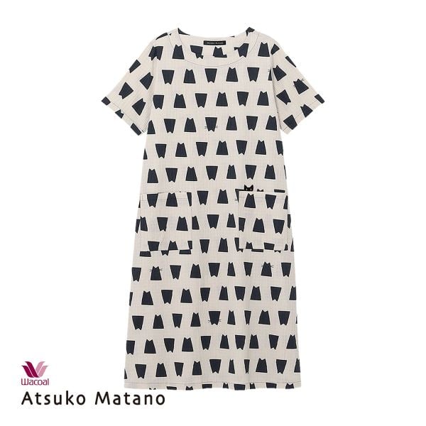 ワコール Wacoal マタノアツコ ATSUKO MATANO ネコシルエット ルームウェア パジャマ 5分袖 ワンピース 綿混 ナイティ ネグリジェ