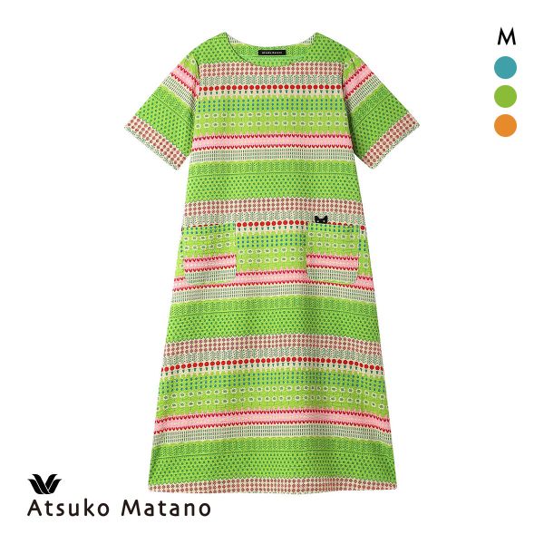 ワコール マタノアツコ ワンピース 5分袖 ルームウェア パジャマ ナイティ ボーダー調 綿100％ Wacoal ATSUKO MATANO
