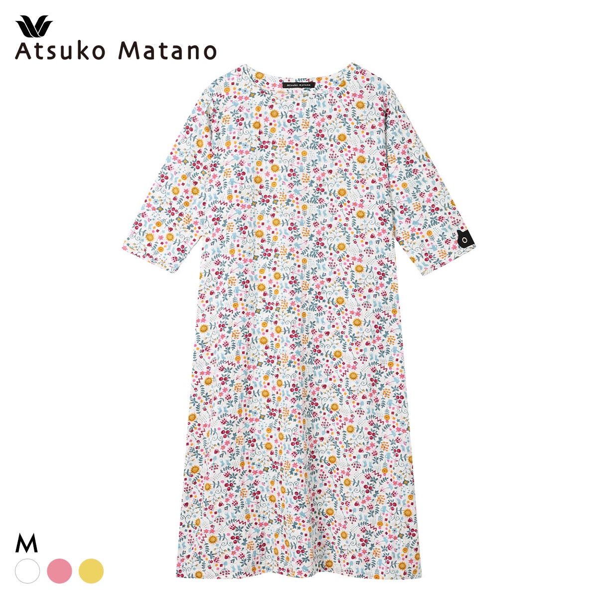 ワコール マタノアツコ パジャマ 7分袖 ワンピース ねこ ナイティ ネグリジェ ルームウェア 綿100％ Wacoal ATSUKO MATANO(IV-アイボリー-M)