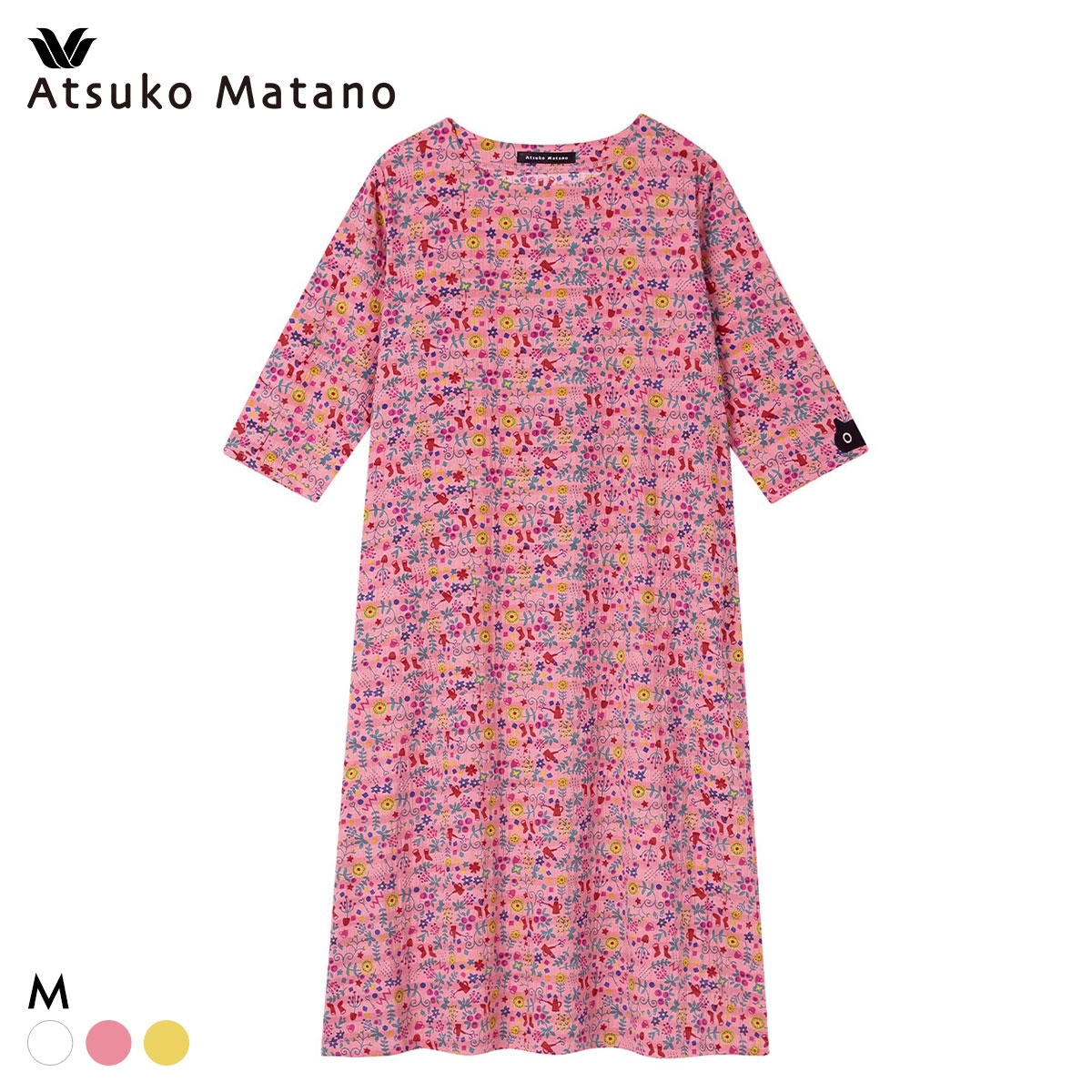 ワコール マタノアツコ パジャマ 7分袖 ワンピース ねこ ナイティ ネグリジェ ルームウェア 綿100％ Wacoal ATSUKO MATANO(PI-ピンク-M)