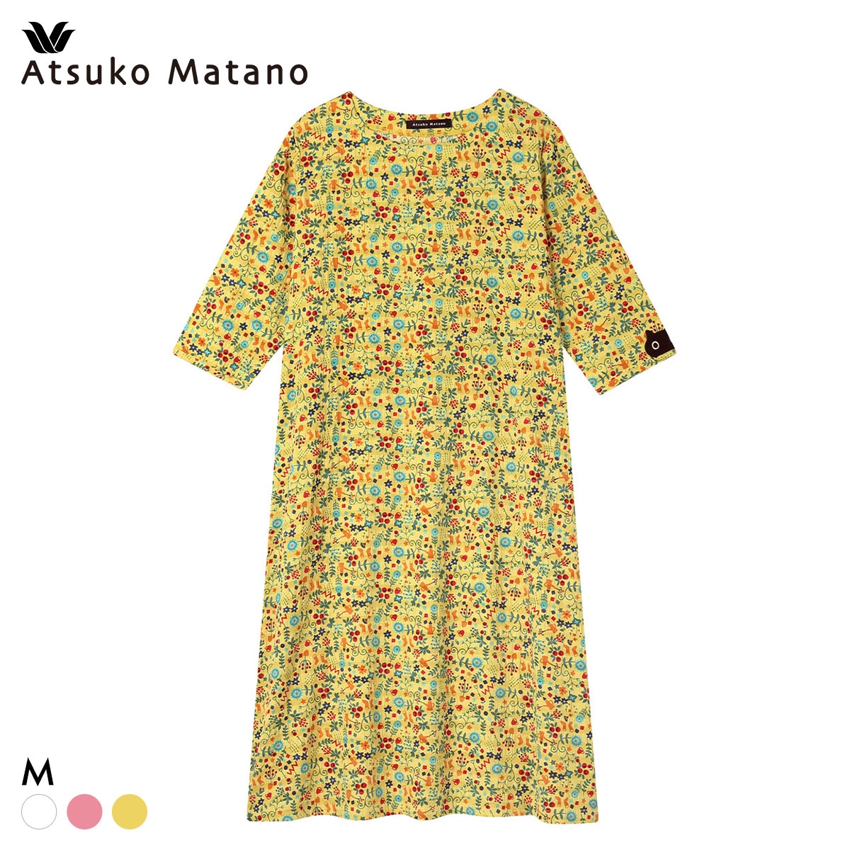 ワコール マタノアツコ パジャマ 7分袖 ワンピース ねこ ナイティ ネグリジェ ルームウェア 綿100％ Wacoal ATSUKO MATANO(YE-イエロー-M)