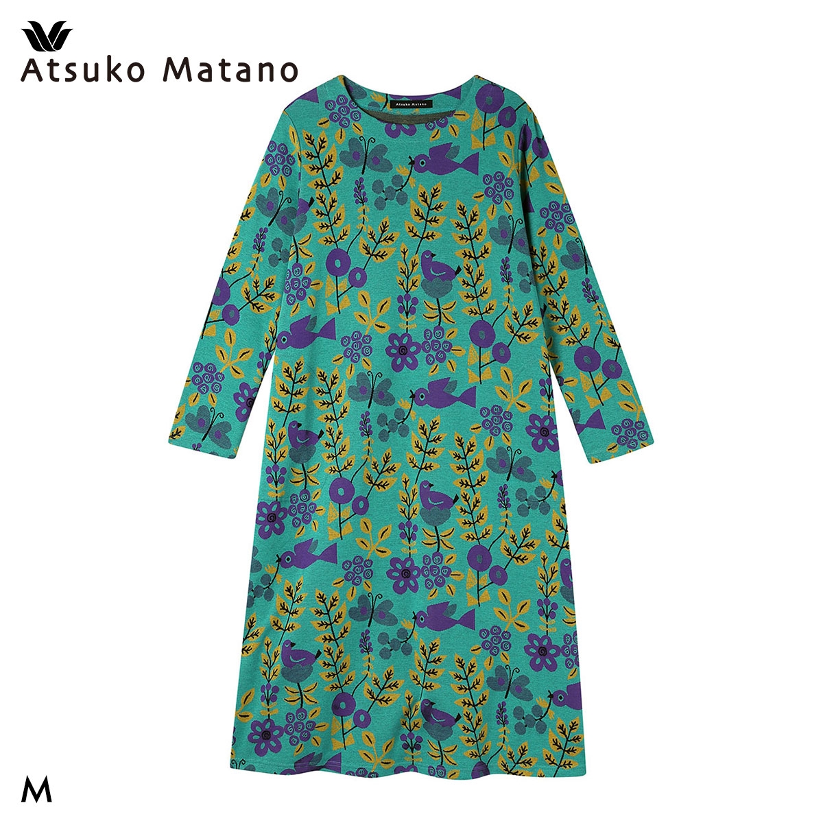 ワコール マタノアツコ 草花と鳥 ワンピース ルームウェア パジャマ 綿100％ ジャガード Wacoal ATSUKO MATANO(GR-グリーン-M)