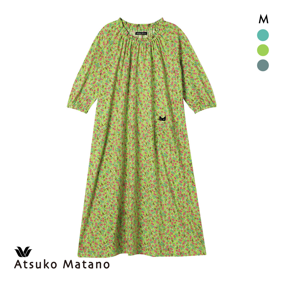 ワコール マタノアツコ ワンピース 7分袖 小花 ねこ 綿100％ パジャマ ルームウェア Wacoal ATSUKO MATANO(GR-グリーン-M)