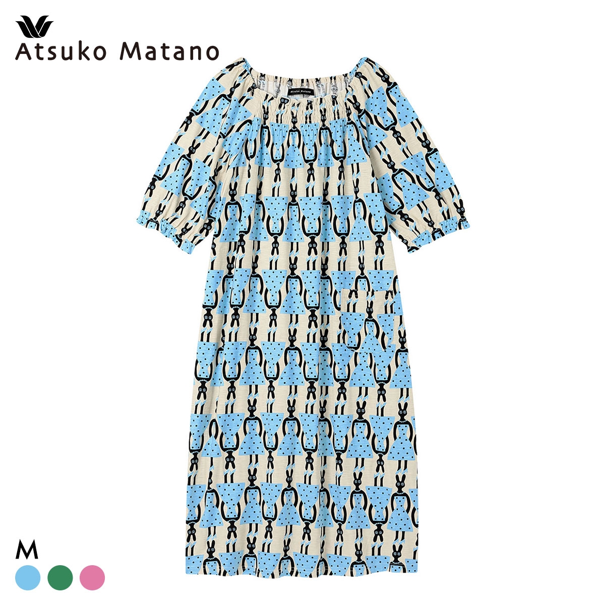 ワコール マタノアツコ うさぎ ワンピース 6分袖 パジャマ ルームウェア 綿100％ Wacoal ATSUKO MATANO(BU-ブルー-M)
