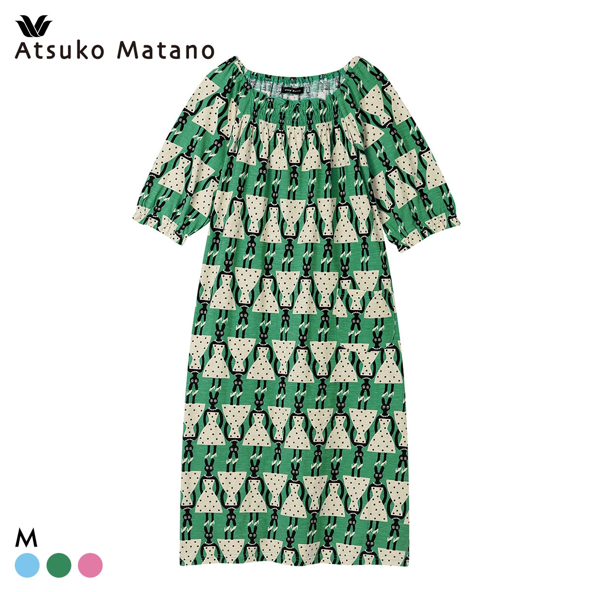 ワコール マタノアツコ うさぎ ワンピース 6分袖 パジャマ ルームウェア 綿100％ Wacoal ATSUKO MATANO(GR-グリーン-M)