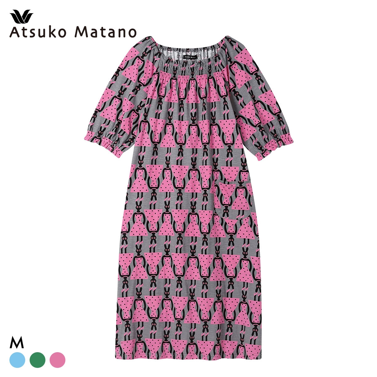 ワコール マタノアツコ うさぎ ワンピース 6分袖 パジャマ ルームウェア 綿100％ Wacoal ATSUKO MATANO(PI-ピンク-M)