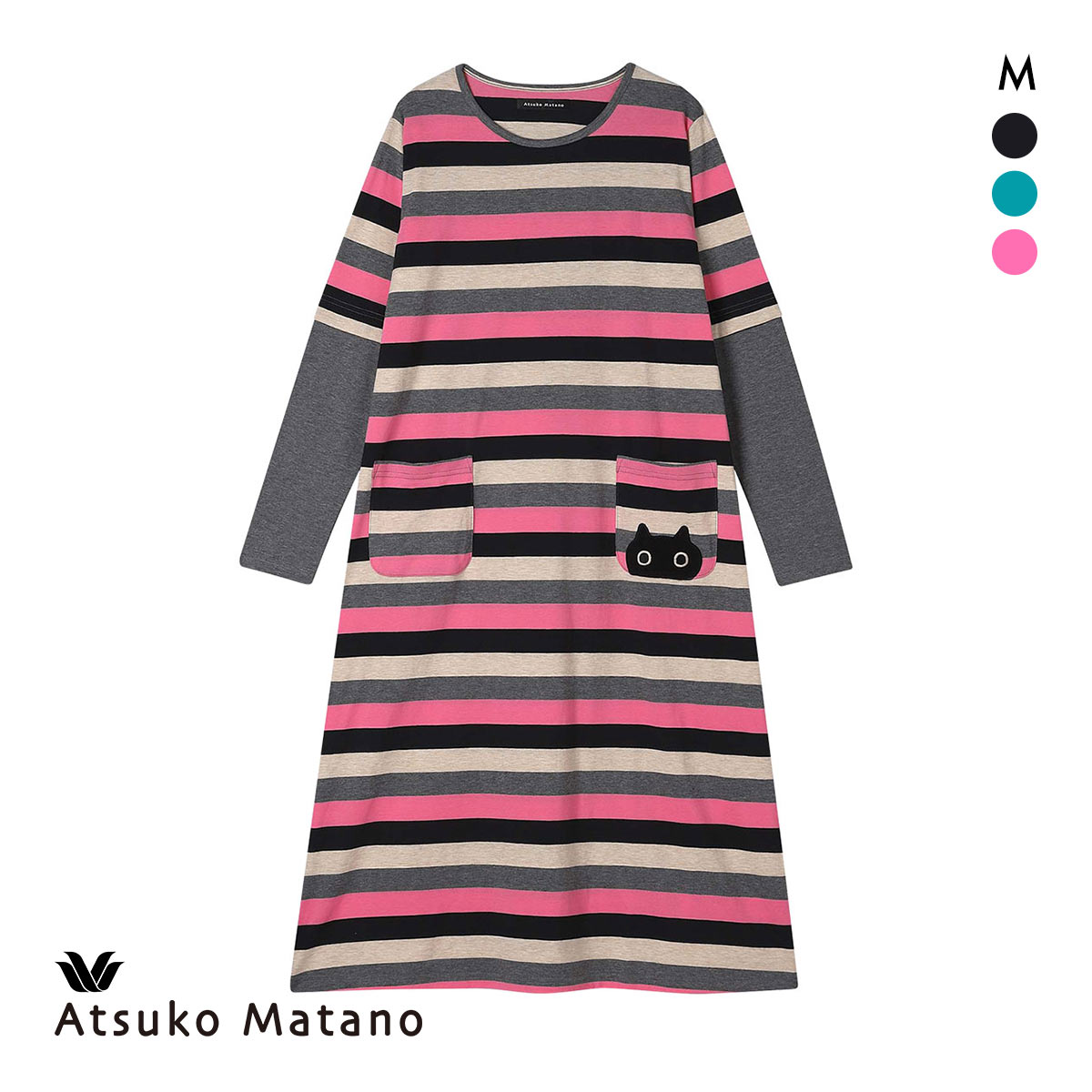ワコール マタノアツコ ワンピース ルームウェア パジャマ マルチボーダー 綿100％ ねこ Wacoal ATSUKO MATANO(BK-ブラック-M)