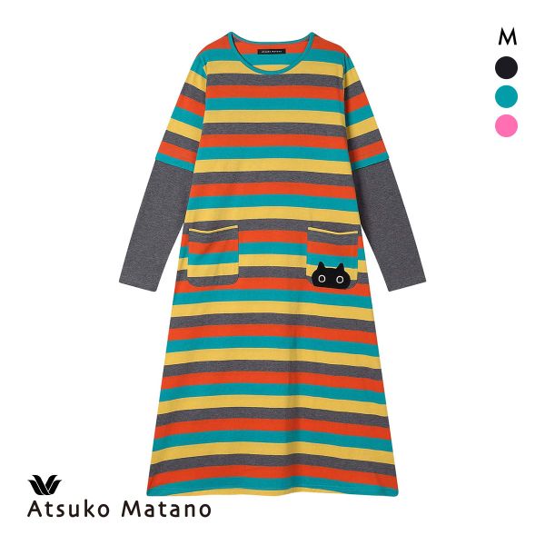 ワコール マタノアツコ ワンピース ルームウェア パジャマ マルチボーダー 綿100％ ねこ Wacoal ATSUKO MATANO
