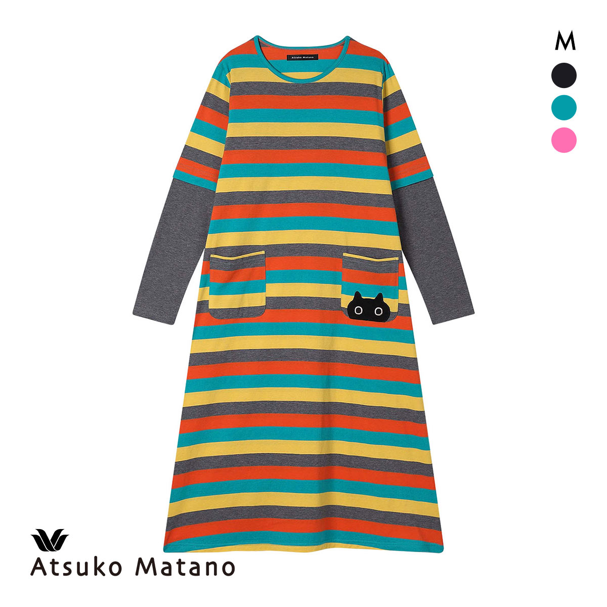 ワコール マタノアツコ ワンピース ルームウェア パジャマ マルチボーダー 綿100％ ねこ Wacoal ATSUKO MATANO(BU-ブルー-M)