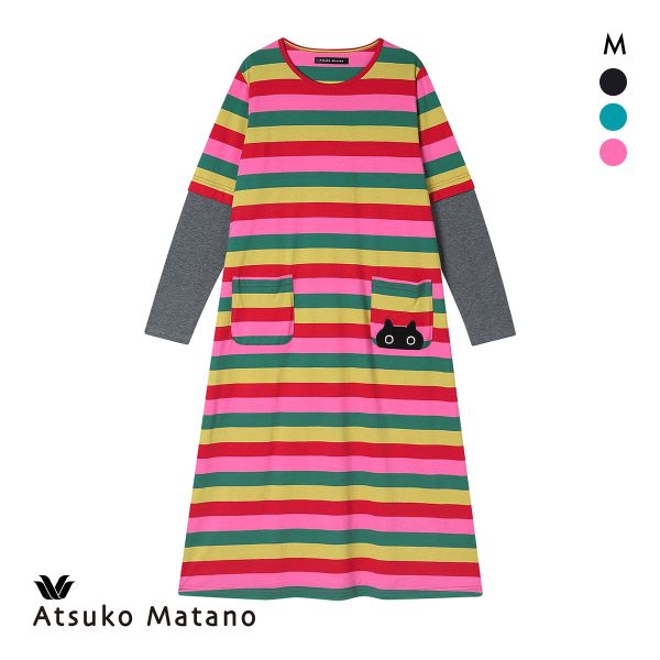 ワコール マタノアツコ ワンピース ルームウェア パジャマ マルチボーダー 綿100％ ねこ Wacoal ATSUKO MATANO