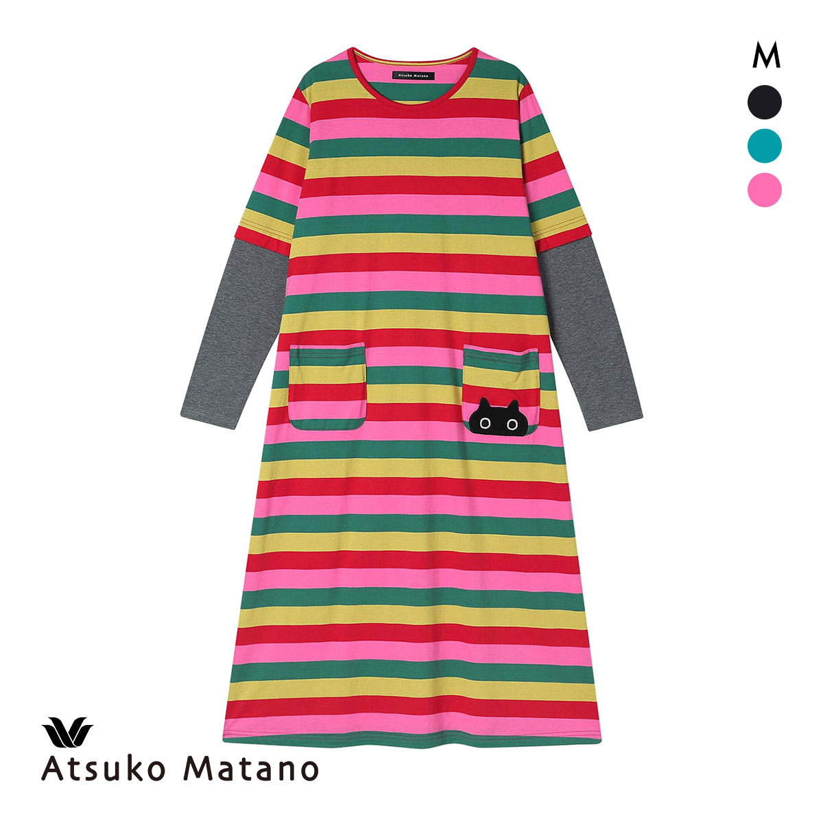 ワコール マタノアツコ ワンピース ルームウェア パジャマ マルチボーダー 綿100％ ねこ Wacoal ATSUKO MATANO(PI-ピンク-M)