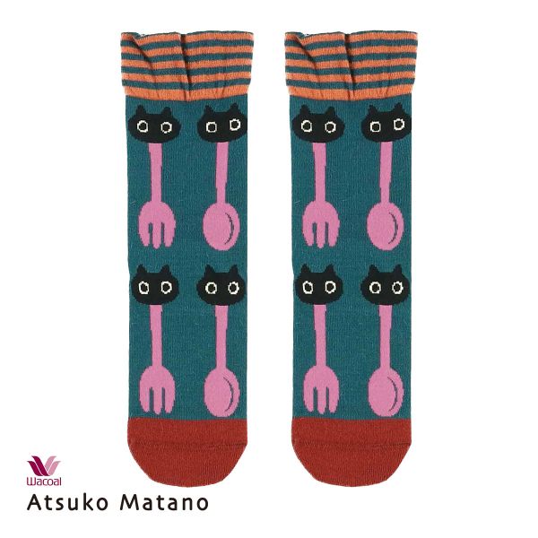 ワコール マタノアツコ クルーソックス 靴下 ルームソックス レディース MEMEランチ柄 Wacoal ATSUKO MATANO