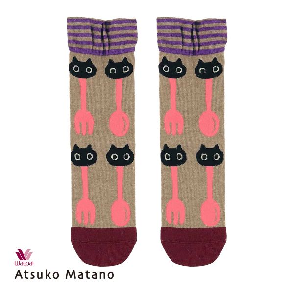 ワコール マタノアツコ クルーソックス 靴下 ルームソックス レディース MEMEランチ柄 Wacoal ATSUKO MATANO
