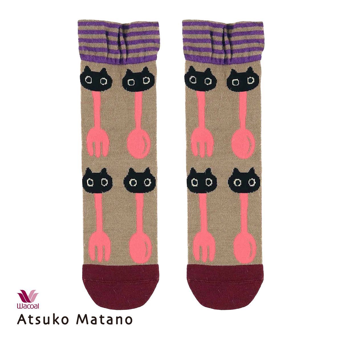 ワコール マタノアツコ クルーソックス 靴下 ルームソックス レディース MEMEランチ柄 Wacoal ATSUKO MATANO(MO-モカ-M)
