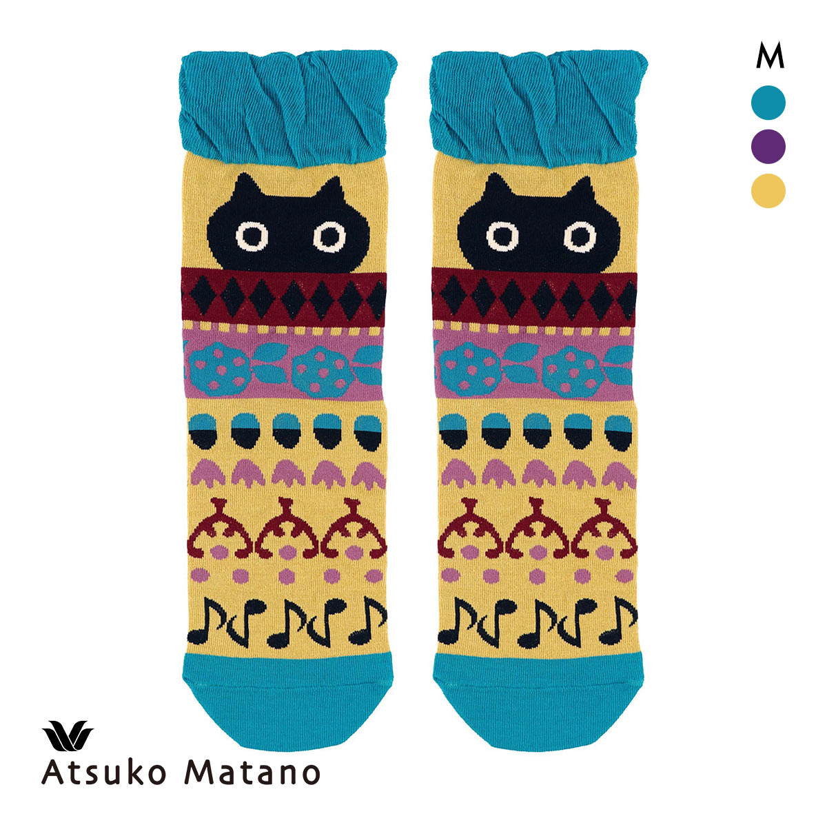 ワコール マタノアツコ ソックス 靴下 くろねこと音符 レディース Wacoal ATSUKO MATANO(GR-グリーン-M)