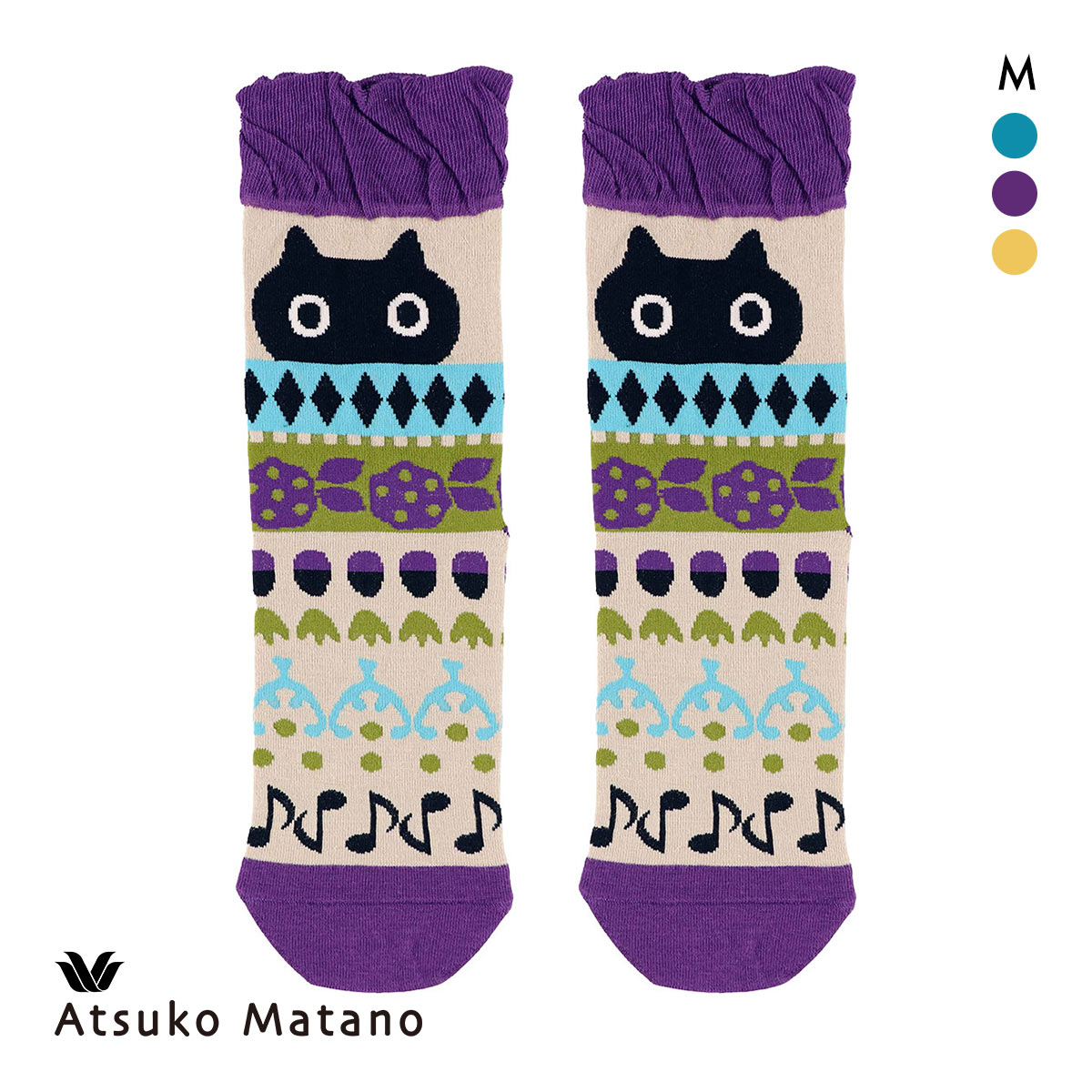 ワコール マタノアツコ ソックス 靴下 くろねこと音符 レディース Wacoal ATSUKO MATANO(PU-パープル-M)