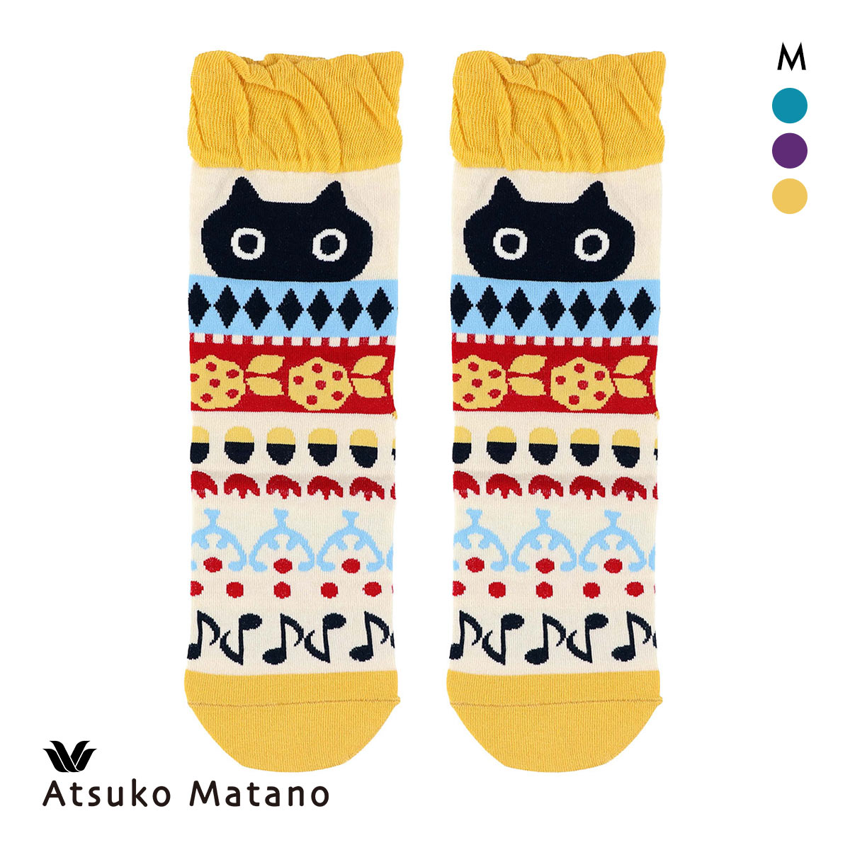 ワコール マタノアツコ ソックス 靴下 くろねこと音符 レディース Wacoal ATSUKO MATANO(YE-イエロー-M)