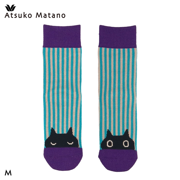 ワコール マタノアツコ ソックス 黒ねことストライプ 靴下 レディース ATSUKO MATANO Wacoal
