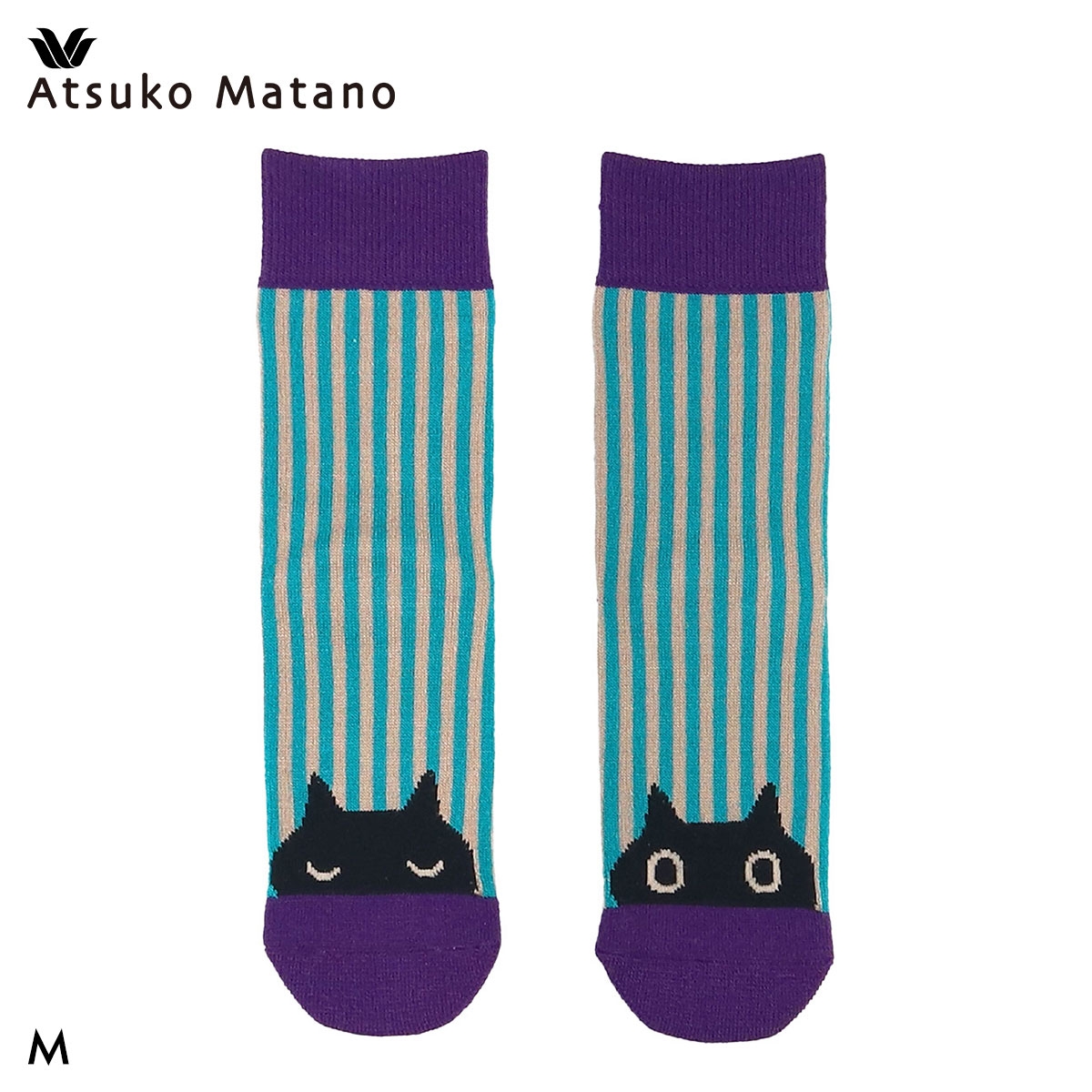 ワコール マタノアツコ ソックス 黒ねことストライプ 靴下 レディース ATSUKO MATANO Wacoal(BU-ブルー-M)