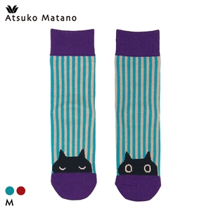 ワコール マタノアツコ ソックス 黒ねことストライプ 靴下 レディース ATSUKO MATANO Wacoal