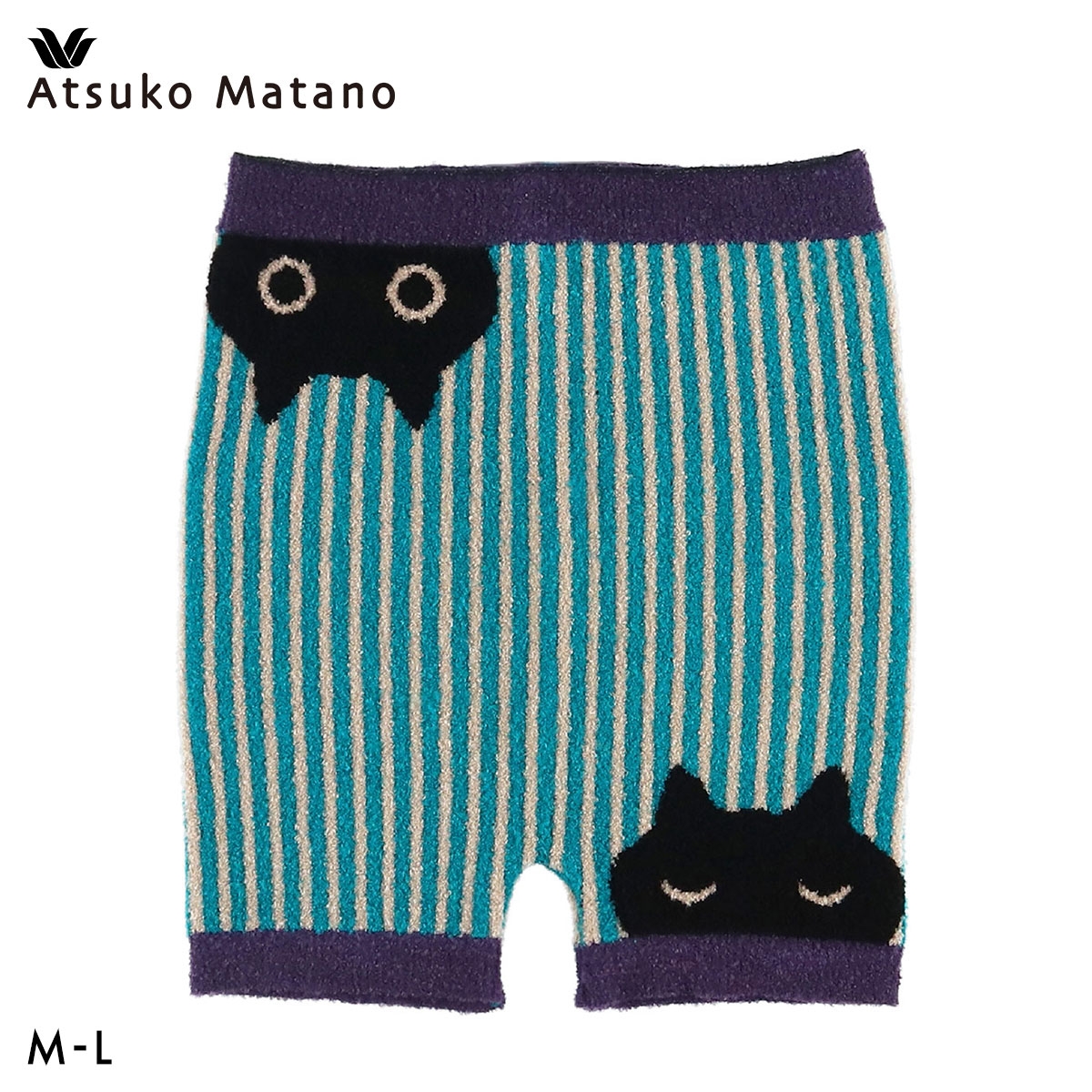 ワコール マタノアツコ もこもこ 毛パン 1分丈 あったか 黒猫とストライプ Wacoal ATSUKO MATANO(BU-ブルー-M-L)