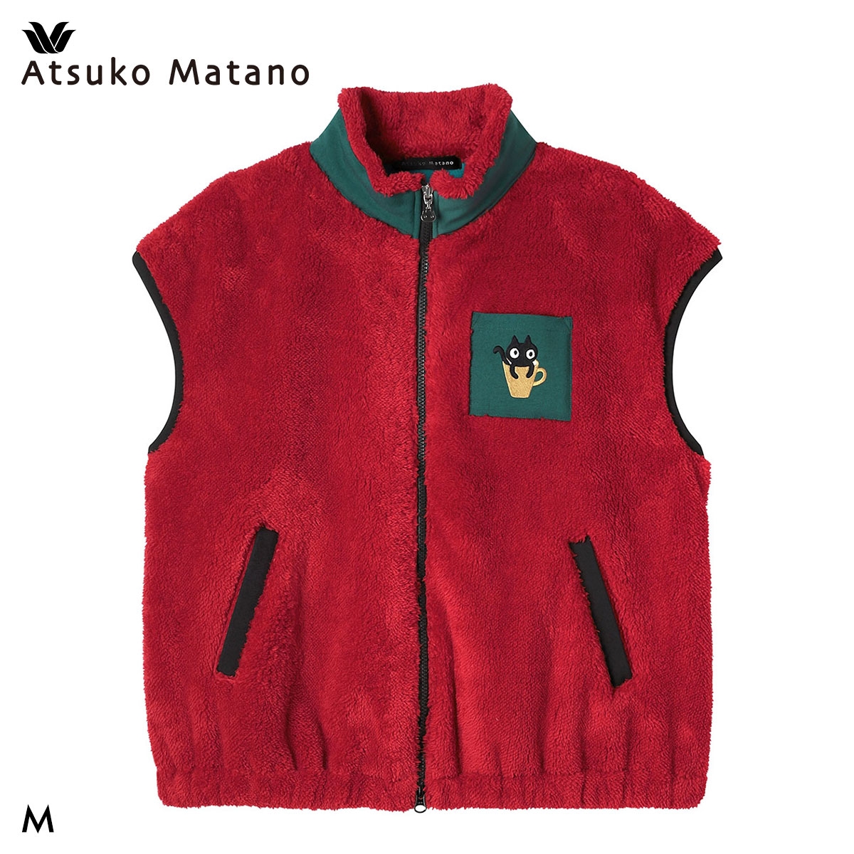 ワコール マタノアツコ ルームウェア ベスト ボアフリース 羽織り あったか ねこ ワンマイルウェア Wacoal ATSUKO MATANO(RE-レッド-M)