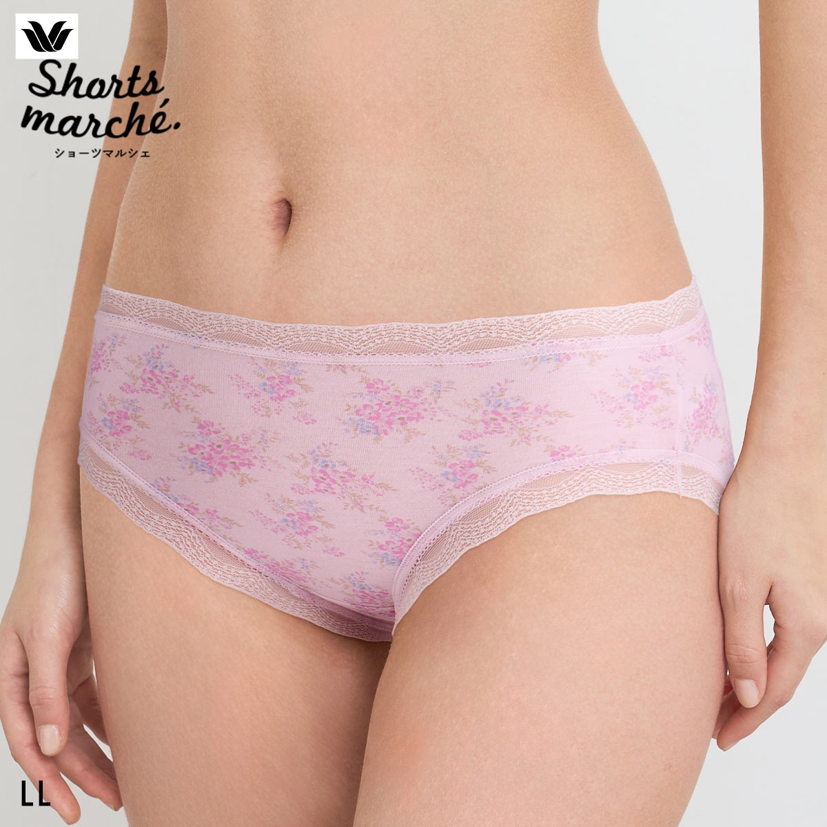 ワコール Wacoal ショーツマルシェ Shorts marche 綿混 無地＆プリント ショーツ LL あさめ丈 単品 大きいサイズ(LPI-薄ピンク-LL)