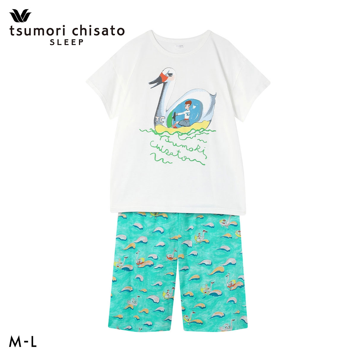 ワコール ツモリチサト 冒険の旅 スワンボート パジャマ 4分袖 7分丈パンツ ルームウェア 上下セット 半袖 綿100％ Wacoal tsumori chisato SLEEP(ME-メロン-M)