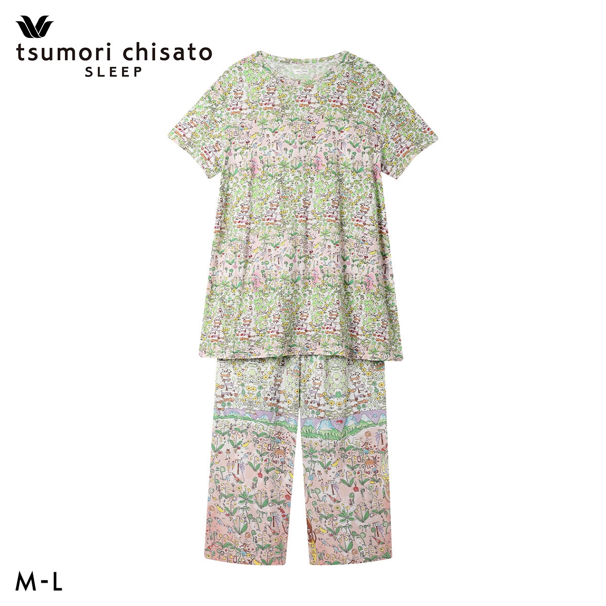 ワコール ツモリチサト 冒険の旅 パジャマ 4分袖9分丈パンツ ルームウェア 上下セット 半袖 Wacoal tsumori chisato SLEEP(ME-メロン-M)