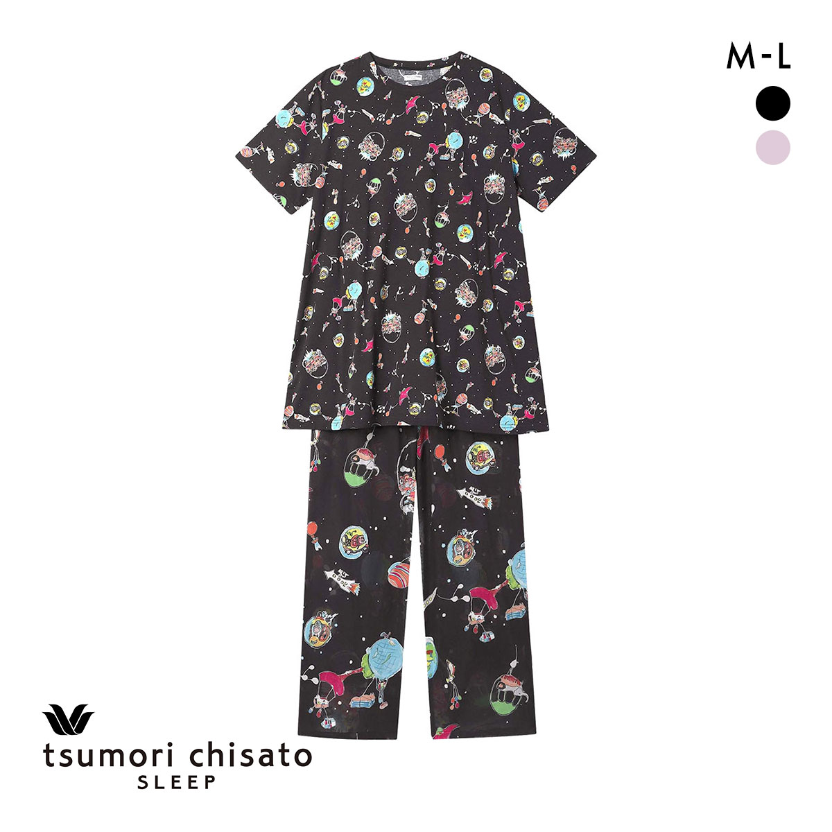 ワコール ツモリチサト 空に輝く星座 パジャマ 5分袖 ルームウェア 上下セット 綿100％ Wacoal tsumori chisato SLEEP(BK-ブラック-M)