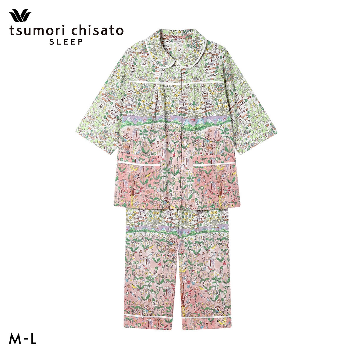 ワコール ツモリチサト 冒険の旅 シャツパジャマ 7分袖8分丈 上下セット ルームウェア 綿100％ レディース Wacoal tsumori chisato SLEEP(ME-メロン-M)
