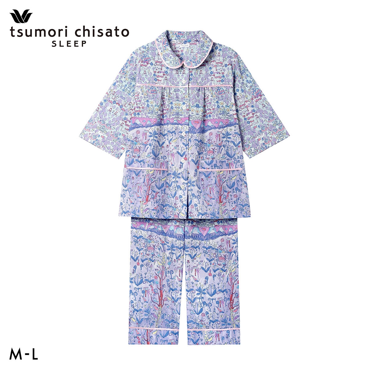 ワコール ツモリチサト 冒険の旅 シャツパジャマ 7分袖8分丈 上下セット ルームウェア 綿100％ レディース Wacoal tsumori chisato SLEEP(SX-サックス-M)