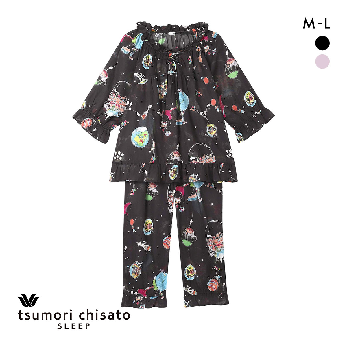 ワコール ツモリチサト 空に輝く星座 パジャマ 上下セット 7分袖 8分丈 Wacoal tsumori chisato SLEEP(BK-ブラック-M)