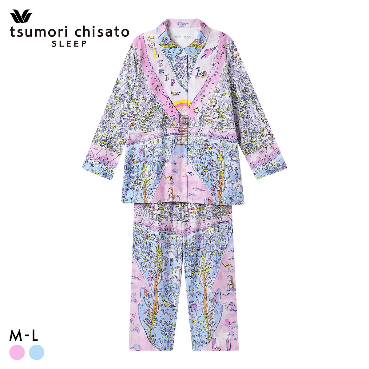ワコール ツモリチサト 冒険の旅 長袖 シャツパジャマ 上下セット ルームウェア サテン 綿100％ Wacoal tsumori chisato SLEEP(PI-ピンク-M)