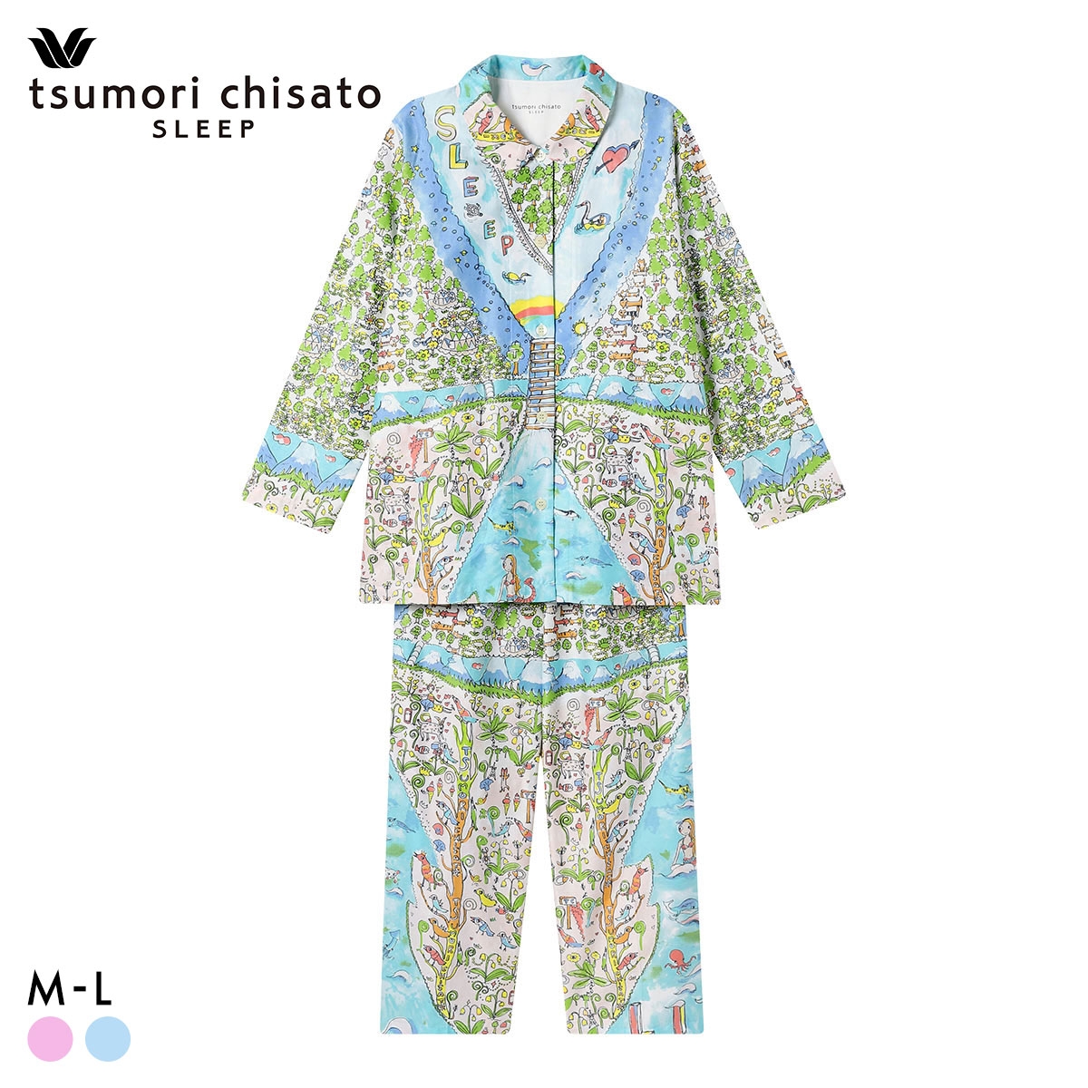 ワコール ツモリチサト 冒険の旅 長袖 シャツパジャマ 上下セット ルームウェア サテン 綿100％ Wacoal tsumori chisato SLEEP(SX-サックス-M)