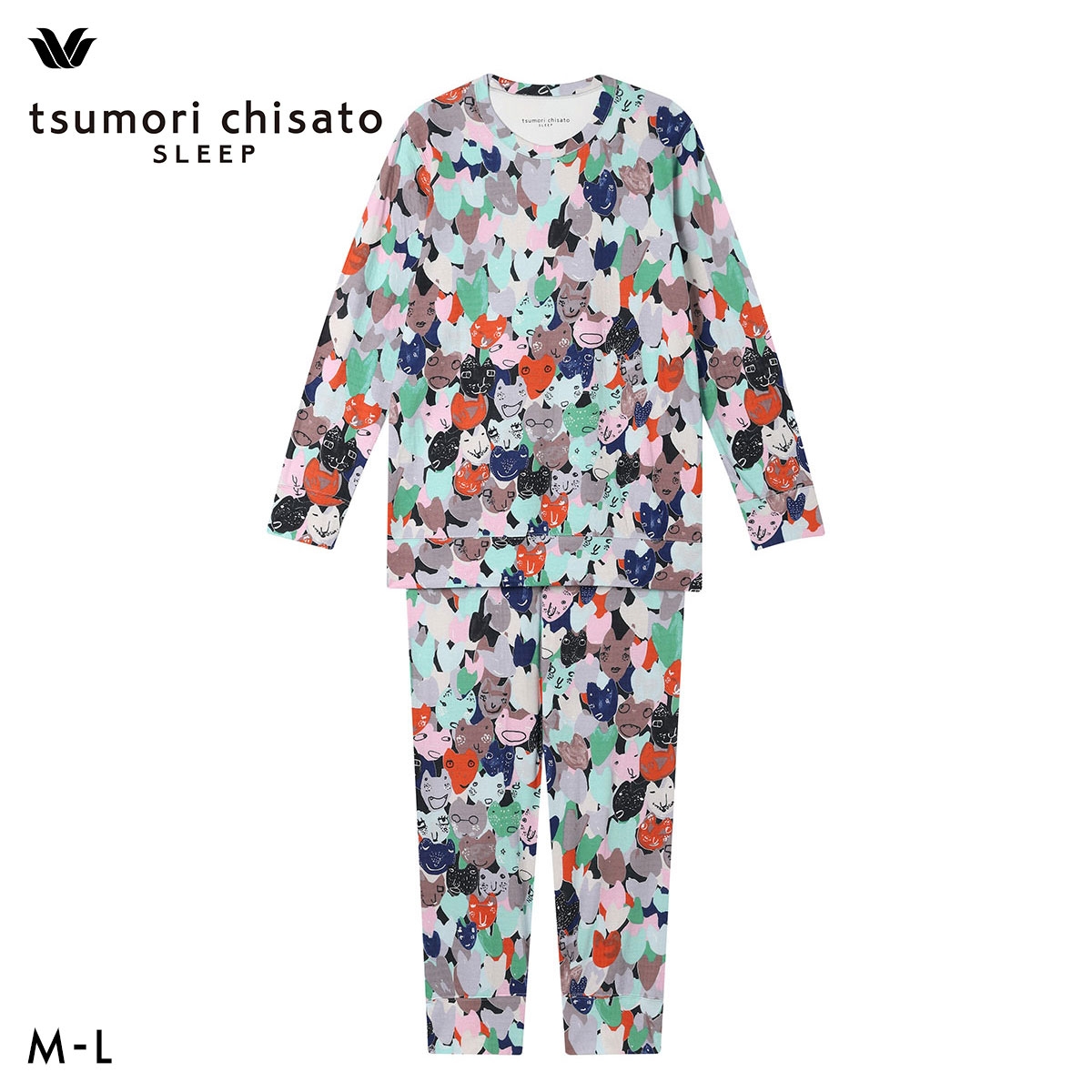 ワコール ツモリチサト ハートネコ 長袖パジャマ 上下セット ルームウェア 綿100％ Wacoal tsumori chisato SLEEP(GY-グレー-M)