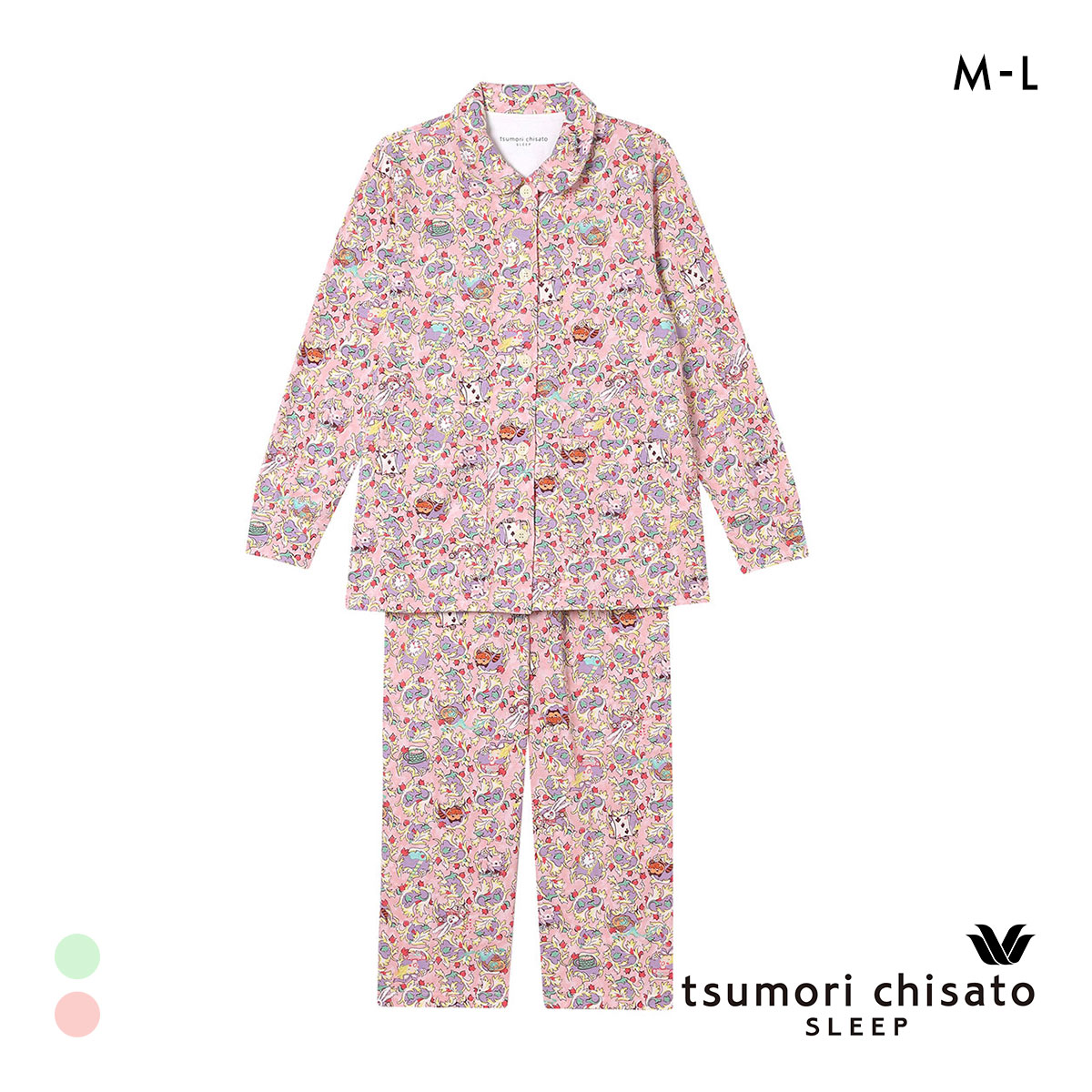 ワコール ツモリチサト 不思議の国 シャツパジャマ 長袖 上下セット ルームウェア 綿100％ Wacoal tsumori chisato SLEEP(PI-ピンク-M)