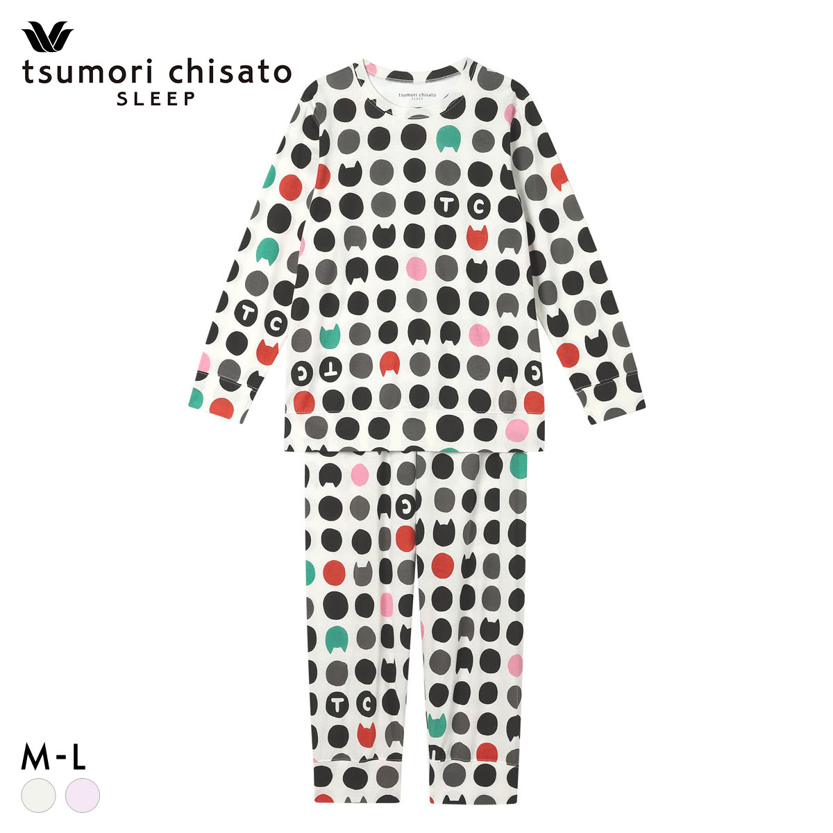 ワコール ツモリチサト 猫ドット 長袖パジャマ 上下セット ルームウェア 綿100％ Wacoal tsumori chisato SLEEP(IV-アイボリー-M)