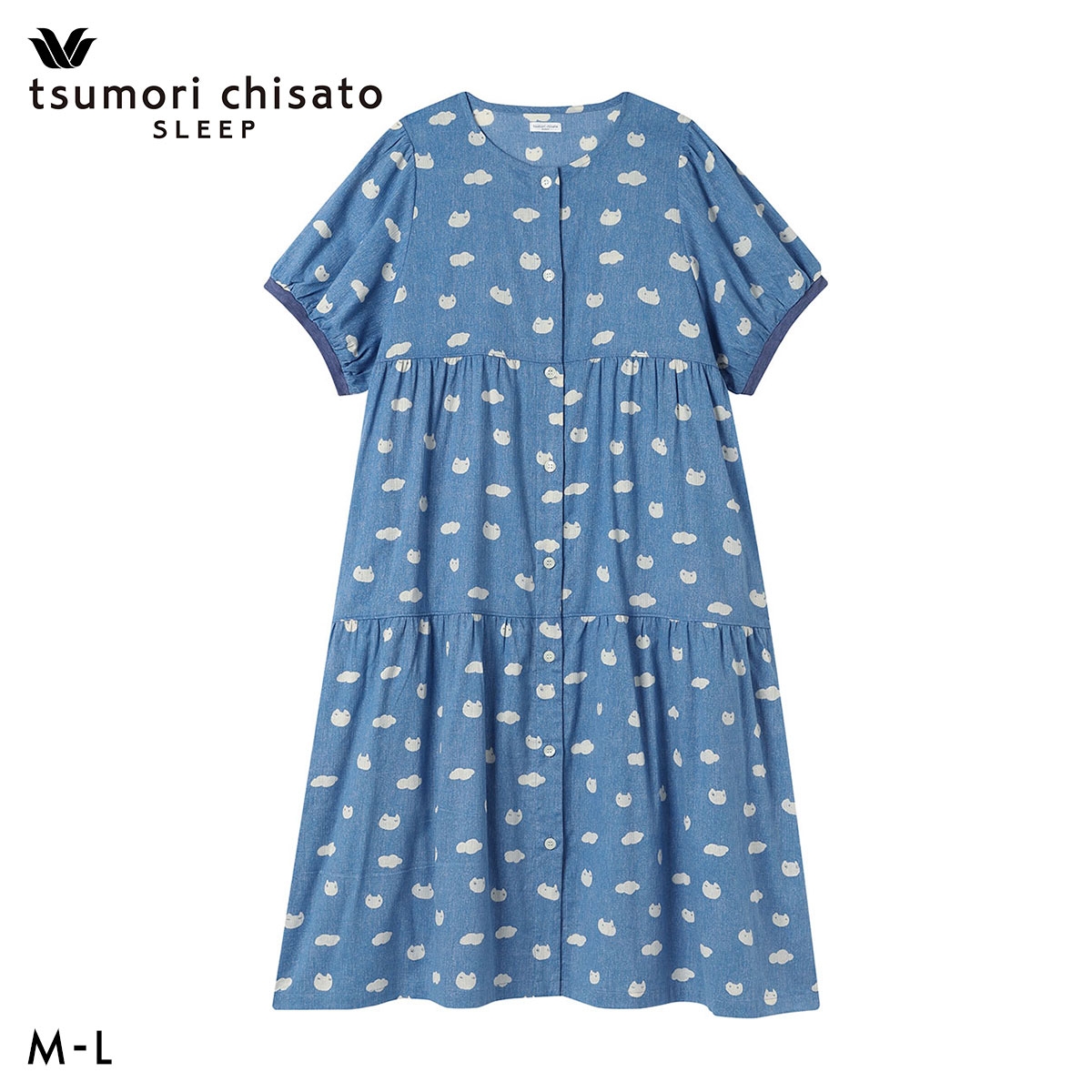ワコール ツモリチサト ねこ 雲 パジャマ ワンピース 5分袖 ティアード 綿混 ルームウェア Wacoal tsumori chisato SLEEP(BU-ブルー-M)