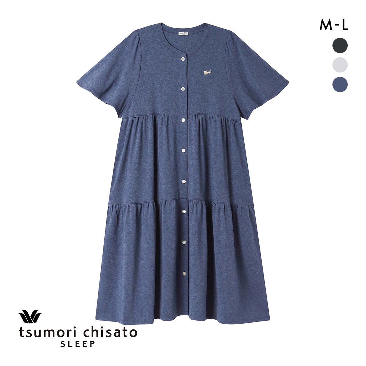 ワコール ツモリチサト ワンピース パジャマ 5分袖 ティアード 前開き ネグリジェ ルームウェア Wacoal tsumori chisato SLEEP(NV-ネイビー-M)